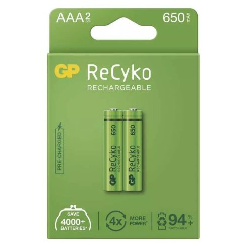 GP elem NiMH HR03 AAA mikroceruza, 650mAh, ReCyko, 2db                                                B2116