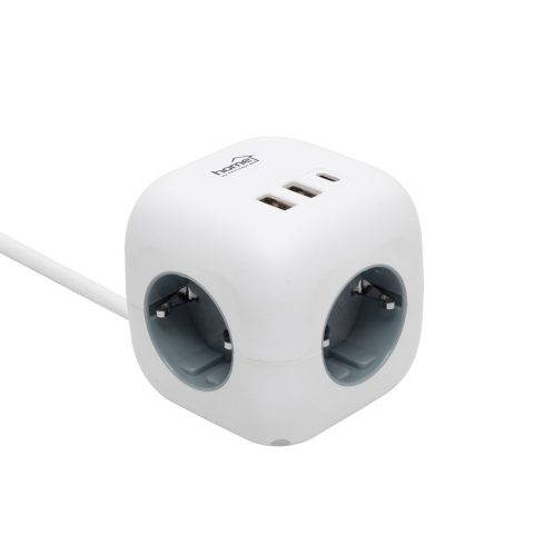 Kocka elosztó vezetékkel, 3 aljzat 16A 250V~, 1,5m 3G1,0 mm2 H05VV-F, kapcsoló, 2xUSB-A, 1xUSB-C, HS  CUBE2