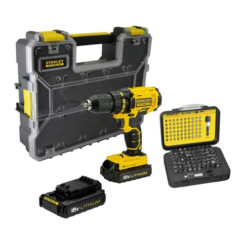 STANLEY FATMAX 18V 1.3Ah Li-Ion 2 sebességes akkumulátoros fúrócsavarozó, kofferben, bit készlettel   FMCK601D2A-QW