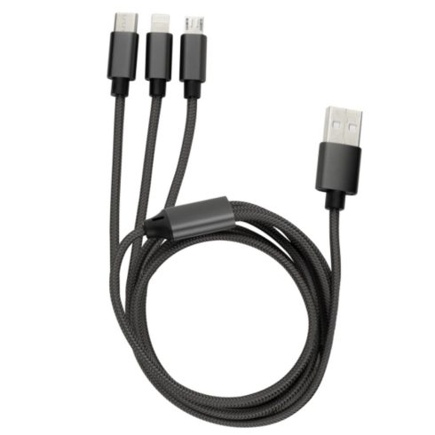 USB töltőkábel 3 az 1-ben, 1m, 5V DC max 2.4A, antracit                                               VT0060100103